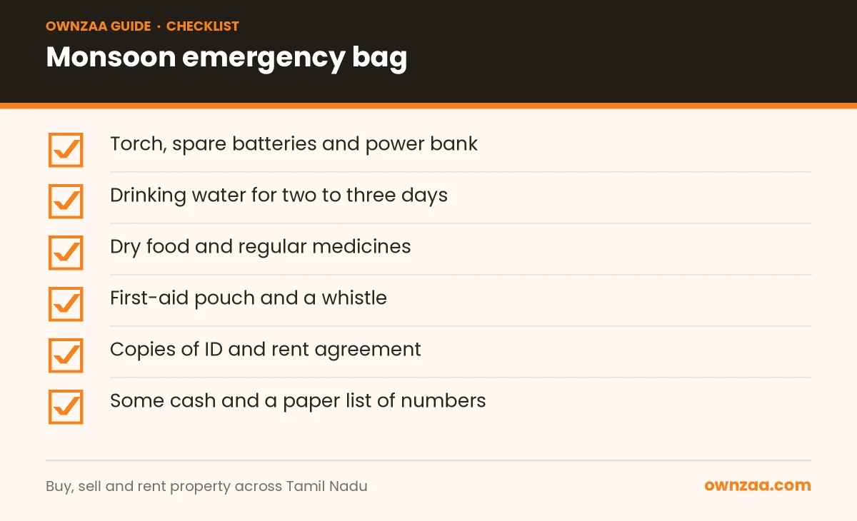 Checklist of items for a tenant's monsoon emergency bag in Chennai
