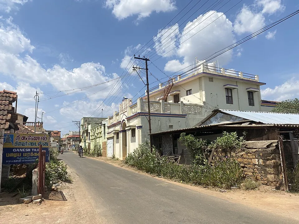 Street lined with Chettinad-style houses in Muthupattinam, Tamil Nadu