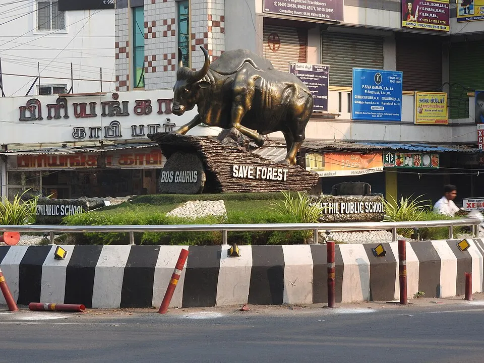 Hasthampatti roundabout with a bull statue in Salem
